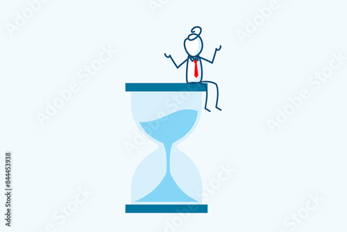 businessman stick figure character sitting on sandglass or hourglass. Wasting time waiting or deadline time management concept. hand drawn style vector doodle illustration