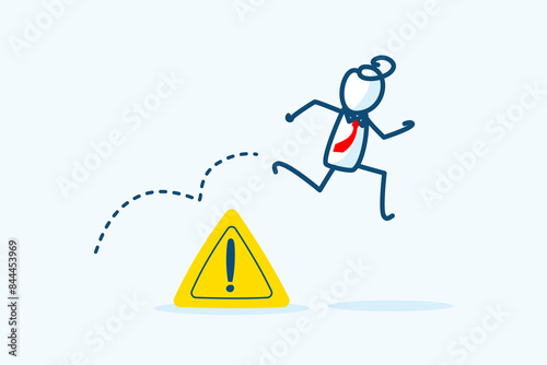businessman stick figure character jump pass an exclamation attention sign mark. Solving problem, identify risk or avoid critical failure concept. hand drawn style vector doodle illustration