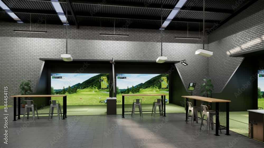 rendering of a modern indoor golf simulator with a hitting station, projection screen, and seating area