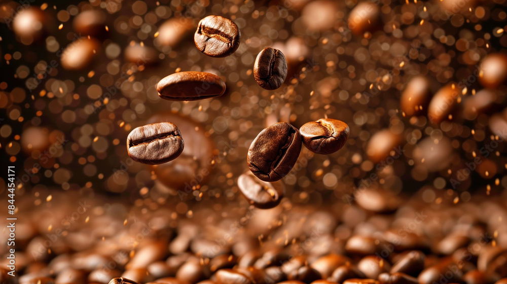 A lot of roasted black coffee beans and ground coffee pieces levitate in the air. Flavorful coffee beans. Concept for coffee advertising, coffee packaging. Warm colors, gold bokeh. A lot of roasted black coffee beans and ground coffee pieces levitate in the air. Flavorful coffee beans. Concept for coffee advertising, coffee packaging. Warm colors, gold bokeh.