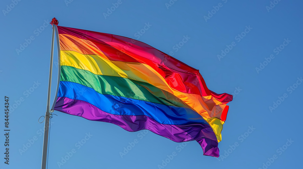 Photographic style image of a rainbow flag waving in the wind, high resolution DSLR, depth of field, blue sky backdrop, pride celebration symbol Photographic style image of a rainbow flag waving in the wind, high resolution DSLR, depth of field, blue sky backdrop, pride celebration symbol