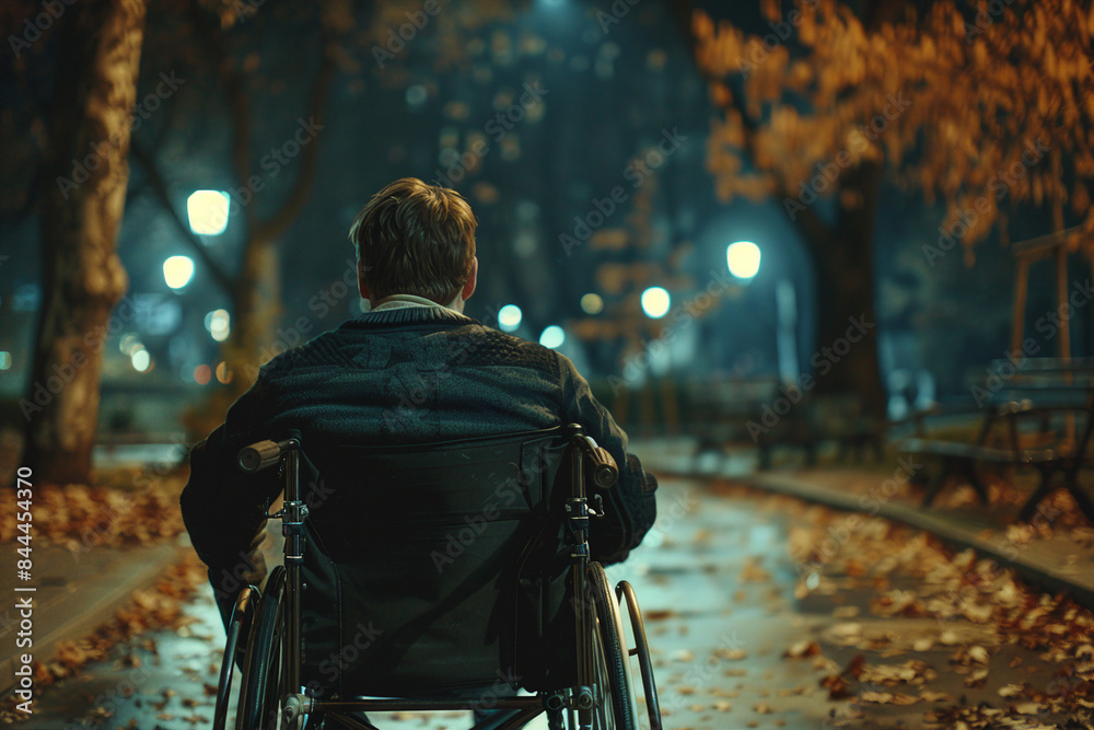 Generated by AI illustration of disabled man woman person using wheelchair on city nature park outdoors disability insurance Generated by AI illustration of disabled man woman person using wheelchair on city nature park outdoors disability insurance