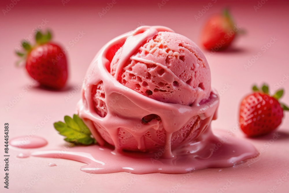 Appetizing scoop of strawberry ice cream, berries, summer dessert, banner template for cafe. Appetizing scoop of strawberry ice cream, berries, summer dessert, banner template for cafe.