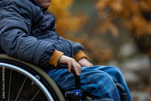 Generated by AI illustration of disabled man woman person using wheelchair on city nature park outdoors disability insurance