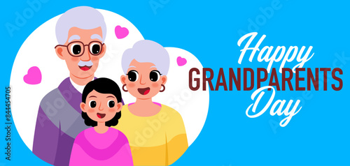 Elderly couple portrait, happy grandparents with granddaughter banner