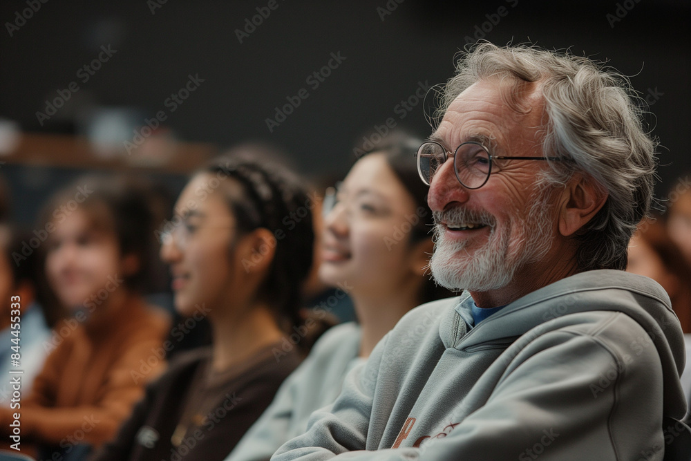 Obraz premium Happy University Professor and Students in auditorium room 