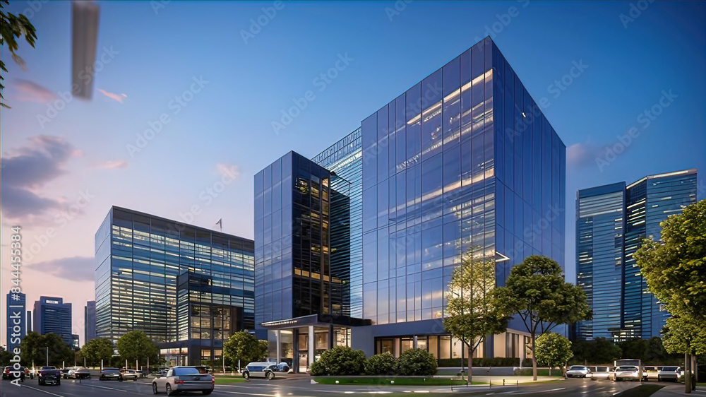 Commercial real estate development project, large multi-story office buildings in the city, image of developers and investors planning office buildings,