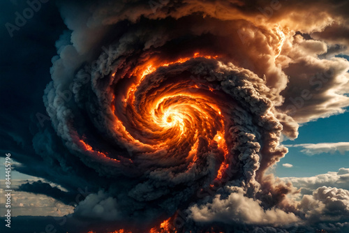 Fire hurricane cloudscape in ravages sky. Visual artwork of climate change-induced apocalypse and natural disaster. Global ecological apocalyptic concept. Gen ai illustration. Copy ad text space