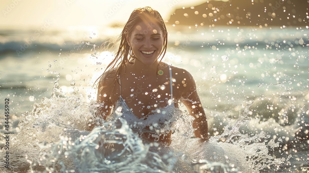 Obraz premium A young woman is running into the splashing water at the beach. The water is splashing all around her and she is smiling and having fun.