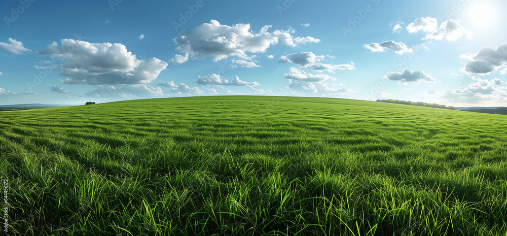 Fototapeta premium Nature landscape with green meadows, blue sky with clouds and mountains in the background. classic green landscape, Generative AI