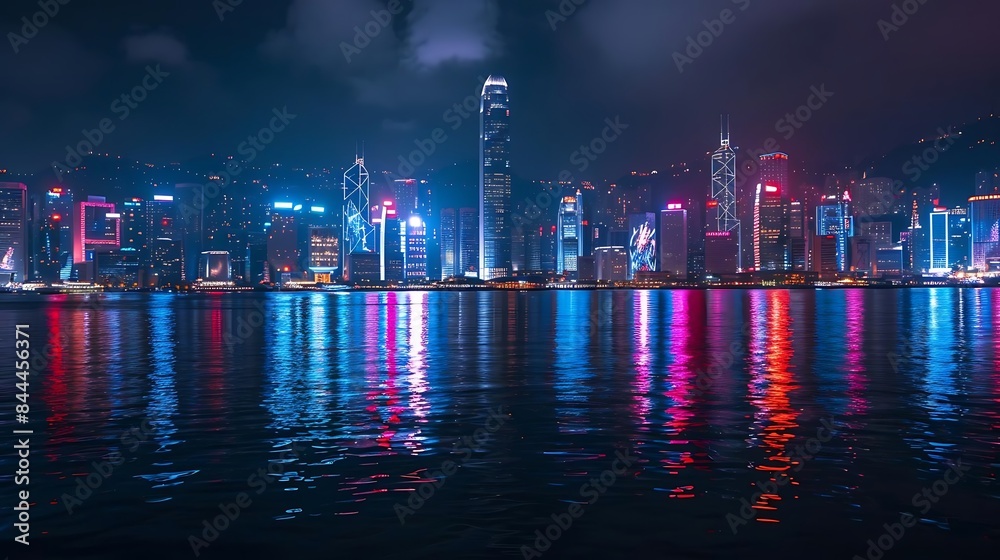 Fototapeta premium city skyline reflected on calm waters at night, with a towering building in the foreground and a dark sky overhead