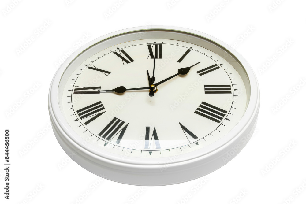 A white clock with roman numerals showing the time as 10:30 A white clock with roman numerals showing the time as 10:30
