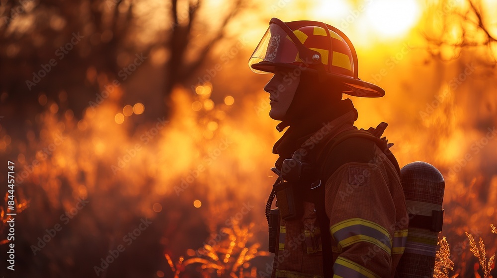 Firefighter in uniform at sunset Firefighter in uniform at sunset