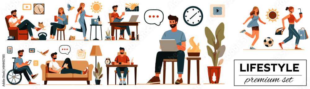 Flat illustration pack, png, vector set, Modern Lifestyle Collection, Diverse People Engaging in Daily Activities Set, Contemporary Urban Life Scenes Premium Set, Casual Day-to-Day Moments, flat image Flat illustration pack, png, vector set, Modern Lifestyle Collection, Diverse People Engaging in Daily Activities Set, Contemporary Urban Life Scenes Premium Set, Casual Day-to-Day Moments, flat image