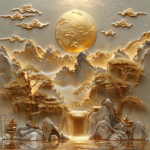 A painting of a tree with a gold moon in the sky