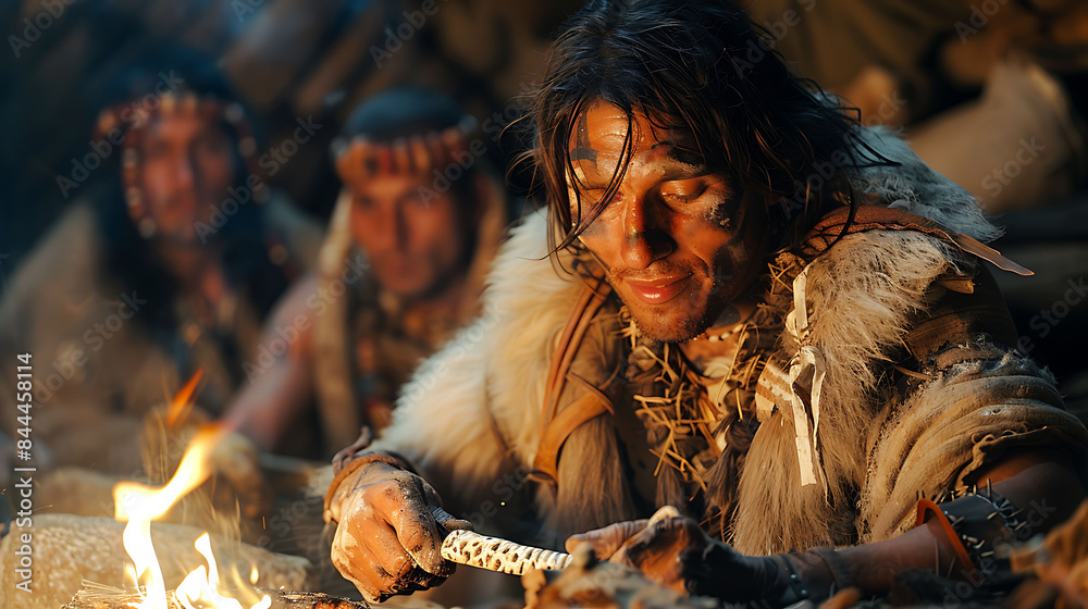 Primitive Butchering Mesolithic Hunters Using Bone Knives Game Processing Dramatic Lighting Enhances Activity Primitive Butchering Mesolithic Hunters Using Bone Knives Game Processing Dramatic Lighting Enhances Activity