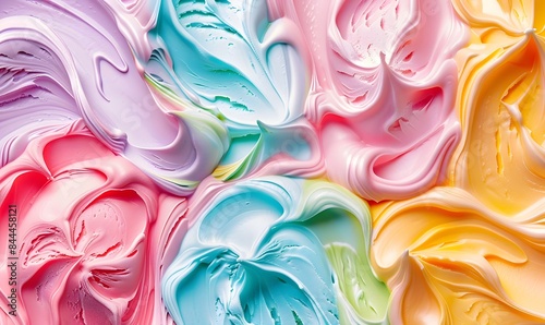 Multicolored rainbow melted ice cream, top view photo