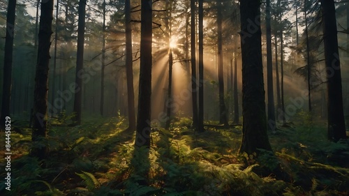 Sunrise view in a beautiful green forest landscape with long and crowded trees