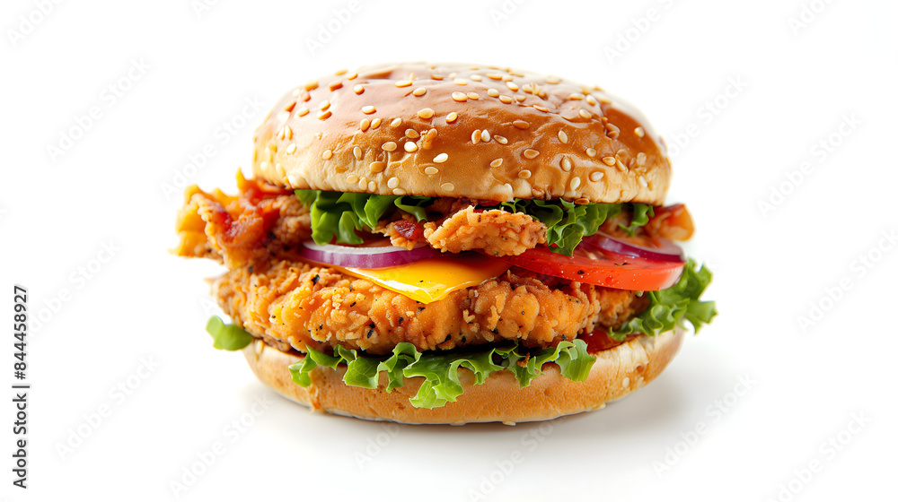 Hamburguesa de pollo con queso, bacon, lechuga y tomate sobre fondo blanco Hamburguesa de pollo con queso, bacon, lechuga y tomate sobre fondo blanco