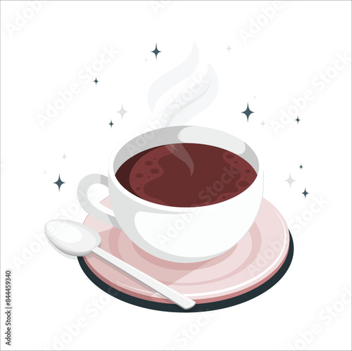 Porcelain cup of tea. Coffee cup and plate. hot Coffee for breakfast. Tea time. Herbal tonic beverage. Isolated white background. Cup of Tea. A hot white cup of tea on a saucer with a teaspoon. 2232
