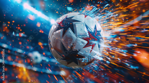 A dynamic, close-up view of the official UEFA Euro 2024 match ball in flight, with motion blur and stadium lights in the background, capturing the intensity and energy of the tournament.