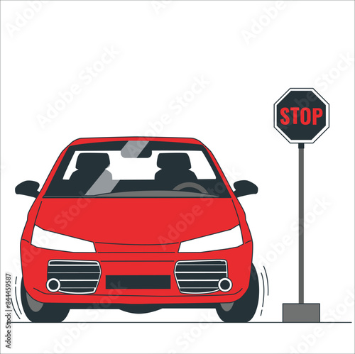 car standing in stop sign board. Stop sign on the road and a car. Crossroads with a stop sign as seen from our side. 2240
