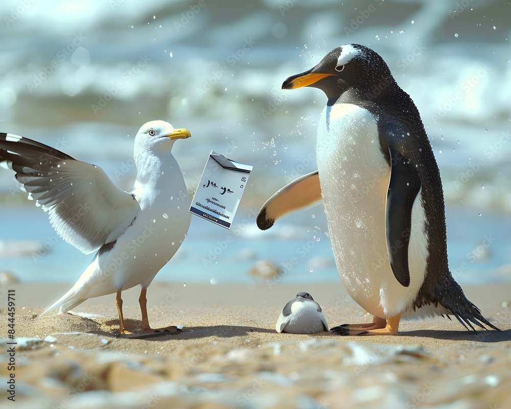 Fototapeta premium Illustration of Penguin arguing with a seagull over a golf rule, holding tiny rule books. Ai Generate.