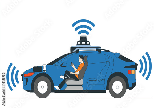 Shot of a Futuristic Self-Driving Van Moving on Highway. Senior Man are Having a Conversation in a Driverless Autonomous Vehicle. remote sensing, automotive car. Self driving car with a man. 2245
