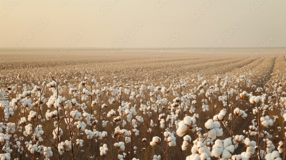 Fototapeta premium Cotton fields stretch out, adorned with white bolls shining under a hazy sky, painting a serene scene.