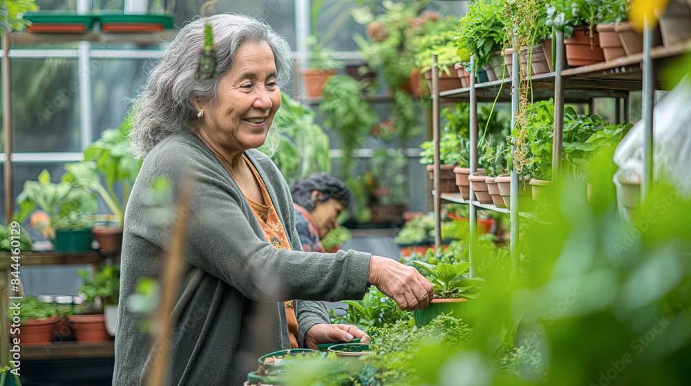 Obraz premium Smiling Senior Woman Gardening in a Greenhouse with Lush Plants