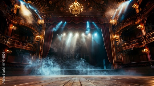 Opulent Theatrical Stage with Dramatic Lighting and Smoky Atmosphere in Historic Opera House