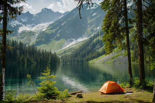 Tourist landscape of tents on the shore of a mountain lake