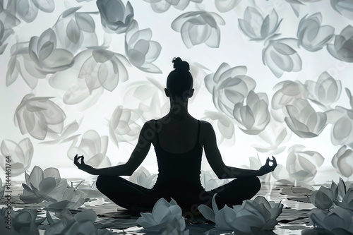 Silhouette of a girl in a yoga pose on a floral background, relaxation and meditation for the soul