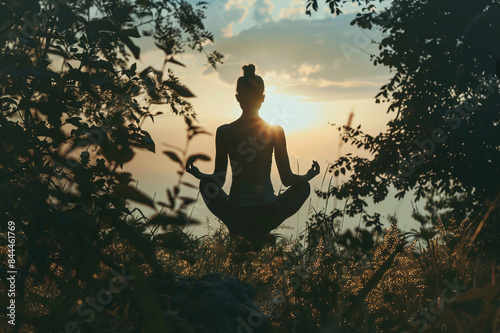 Silhouette of a girl doing yoga in nature at dawn, relaxation and meditation