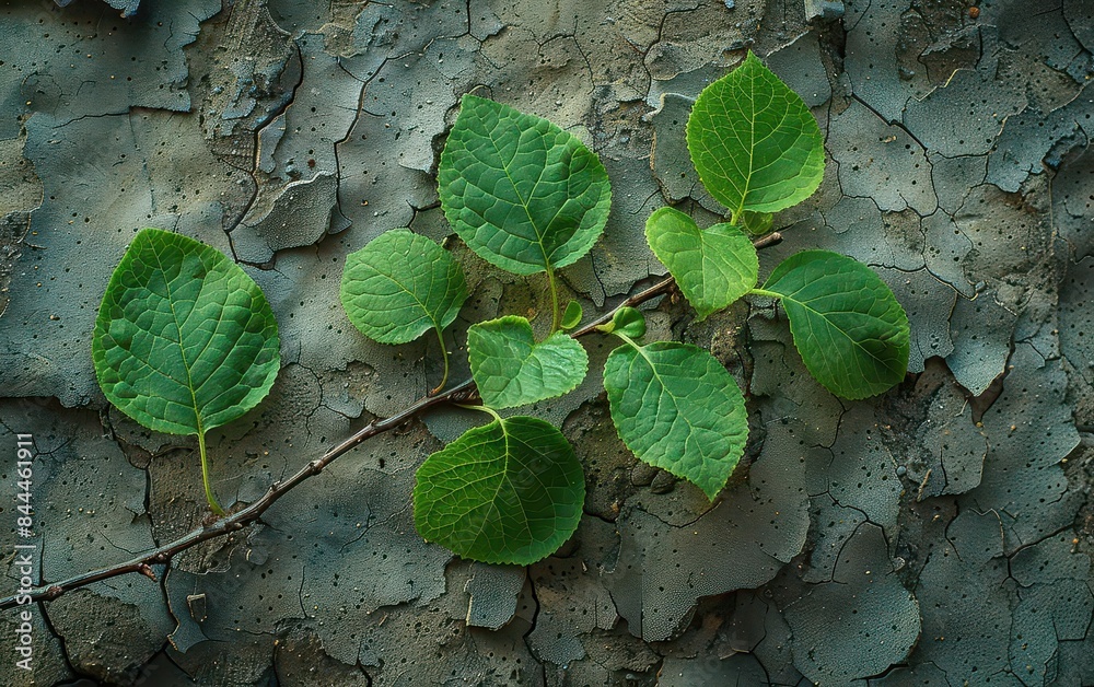 A branch with green leaves against a textured, cracked wall, showing nature's contrast with urban decay. Perfect for backgrounds and creative projects. A branch with green leaves against a textured, cracked wall, showing nature's contrast with urban decay. Perfect for backgrounds and creative projects.