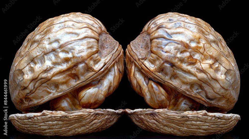 Fototapeta premium Two nuts are shown in this image, one of which is cracked open.