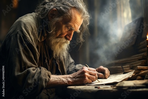 Aged man pensively writes on paper in a dimly lit, traditional workshop © juliars