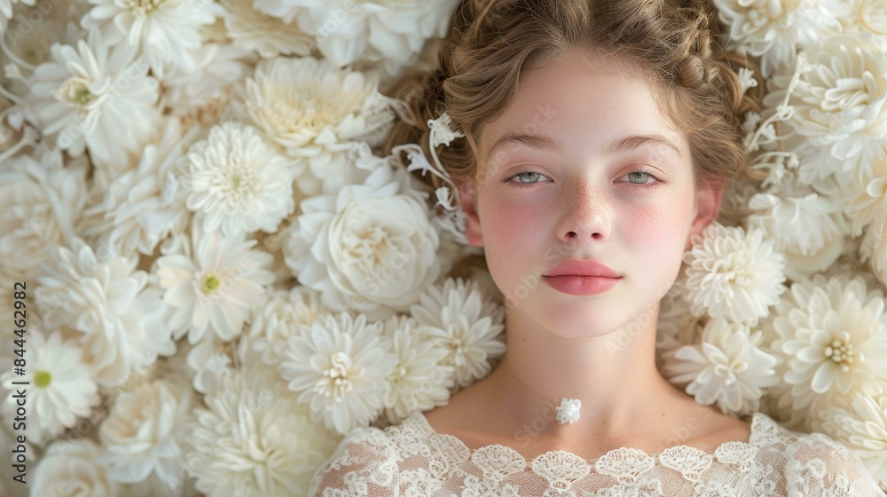 A young girl is lying down in a field of flowers, with her eyes closed and a pearl necklace around her neck. She appears to be enjoying the beauty of her surroundings. A young girl is lying down in a field of flowers, with her eyes closed and a pearl necklace around her neck. She appears to be enjoying the beauty of her surroundings.