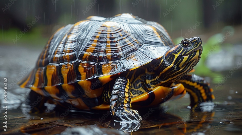The turtle is sitting on a wet surface and looking at the camera. The turtle is sitting on a wet surface and looking at the camera.