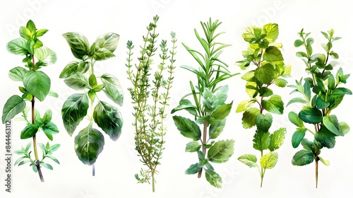 Assortment of Aromatic Herbs in Watercolor - Basil,Mint,Rosemary,and Thyme,Botanical Display with Luminous Glow and Fluid Brushstrokes