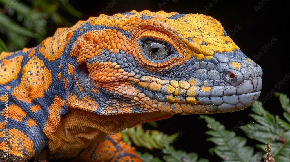 Obraz premium The image features a close-up of a lizard with vibrant blue and orange scales, showcasing its unique and eye-catching appearance. 
