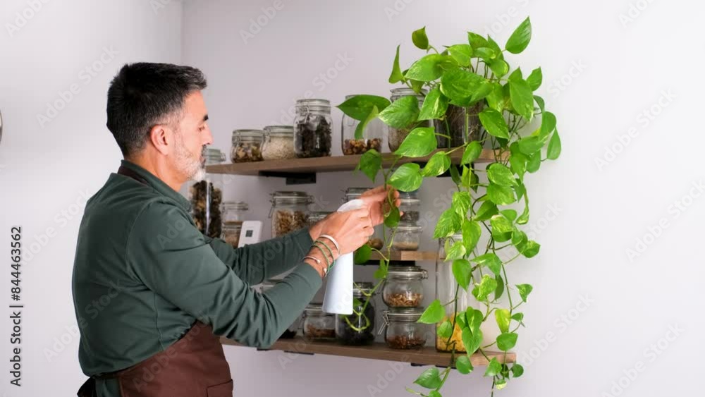 A mature man is spraying water to a Pothus plant (Epipremnum aureum) on a shelf in a kitchen A mature man is spraying water to a Pothus plant (Epipremnum aureum) on a shelf in a kitchen