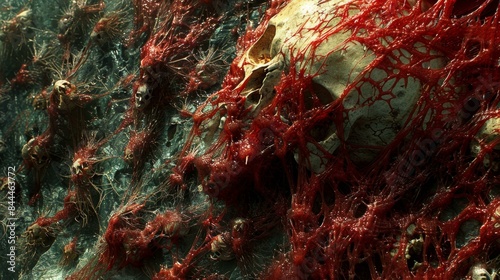 A skull covered in blood and red moss. photo
