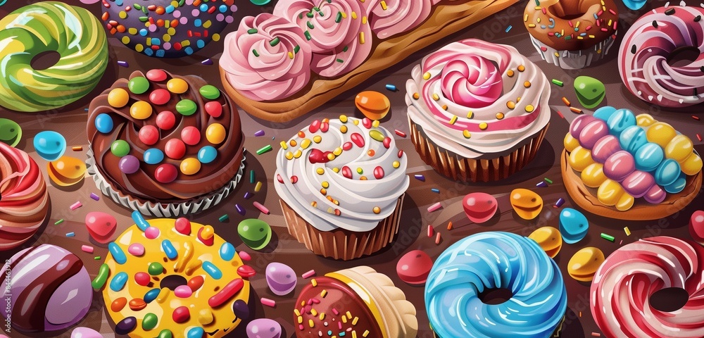 High-definition image featuring a mouthwatering assortment of sugary delights, creating a delicious candy-themed backdrop. 