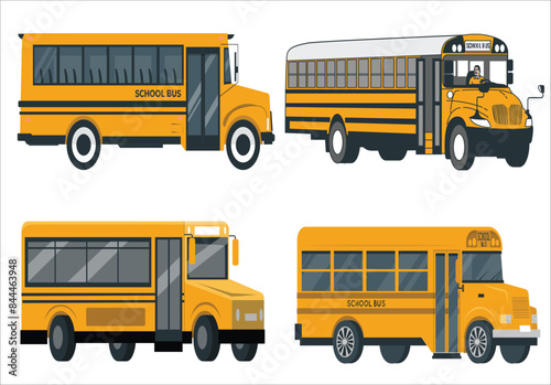Yellow School Bus Viewed from Different Angles Vector Set. large selection of school bus and city bus. Flat vector school buses in two sides view. School bus flat illustration. 2271
