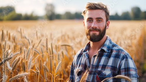 Young man with a beard stands in a field of wheat, looking at the camera