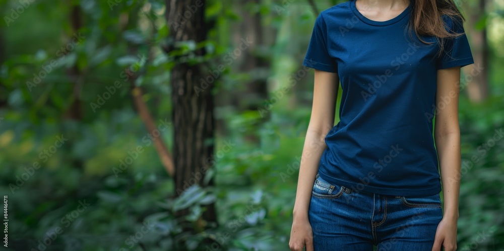Woman wearing blank blue shirt for mockup
