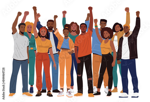 African American people stand together, each raising a clenched fist in the air, representing unity and solidarity. (Flat design illustration)