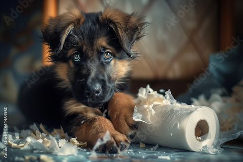 An adorable German shepherd puppy chewing paper. photo