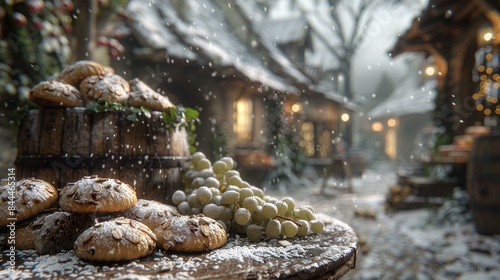 A snowy village scene with food items and trees. The image is a 3D rendering.